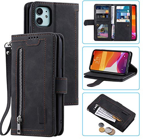 UEEBAI Wallet Case for iPhone 11 6.1, Retro 9 Card Holder Slots Zipper Pocket Handbag Case PU Leather Magnetic Closure Kickstand with Wrist Strap TPU Shockproof folio Case - Black