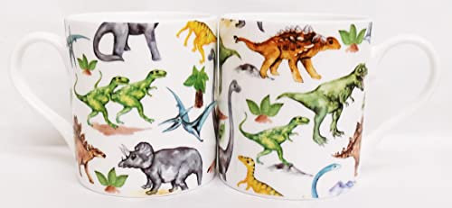Lot de 2 mugs dinosaures en porcelaine fine décorée à la main au Royaume-Uni