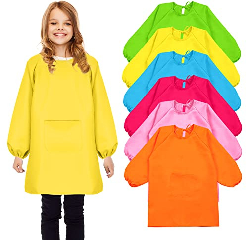 Geyoga 6 Pcs Kid Art Smock Long Sleeve with Pocket Waterproof, Multicolor