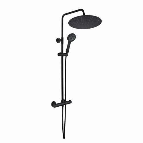 ENKI, Dune, SH0616, Matte Black, Thermostatic Shower Mixer Bar Valve with Dual Riser Rail Kit, Large 40cm Overhead Shower and Hand Shower, Anti-Scald, Contemporary Design, 1-Year Guarantee