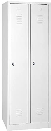 Schrank & Stuhl Spind – Metallspind mit 2 Abteilen, Schließfachschrank mit Hutboden, 30 cm Abteilbreite, Lieferung komplett montiert (Grau, mit Drehriegelverschlüssen)