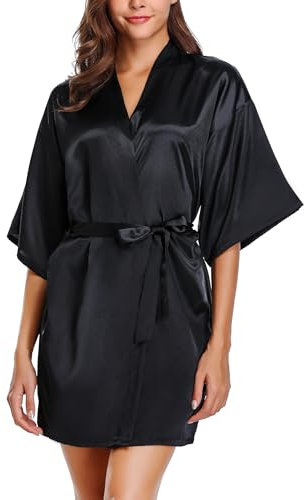 Wikoan Women's Satin Dressing Gown, Soft Silk Robe Lightweight Sleepwear for Bridal,Wedding Party Robes with Oblique V-Neck,M,Black