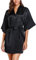 Wikoan Bademantel Kimono Damen Satin Kurzer Sexy Morgenmantel Robe Mit Gürtel Bademäntel V-Ausschnitt Bathrobe Nachtwäsche A-Schwarz M