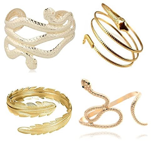 PPX 4 Stück Green Eye Snake Serpent Hand Wrap Around Strass Armband und Chic Egypt Cleopatra Swirl Snake Armmanschette Armbinde Armband Open Armreif Gold