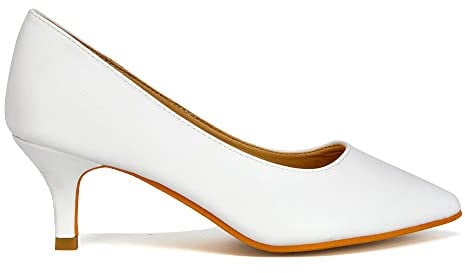 Womens Glitter Pointed Shoes Ladies Slip On Low Heel Party Courts Pumps Size 3-8 (White Satin, Numeric_5)