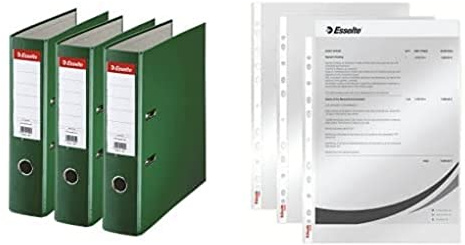 Esselte, Essentials, Pack de 3 Classeurs à levier, Vert foncé, Dos 75mm, A4, PP, 624293 + Esselte, Pochettes Perforées A4, Lisse Transparente, Polypropylène 43 Microns, Lot de 100, 13089