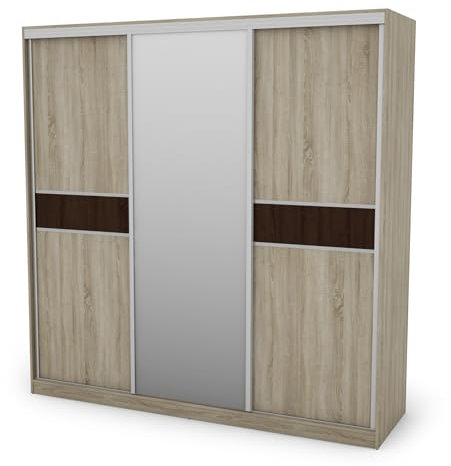 eMeblast - dreitüriger Kleiderschrank - 240x240x70cm - Schiebetüren - Schlafzimmer - Wohnzimmer - Garderobenschrank - Kleiderstangen - Schubladen - Einlegeböden Sonoma Hell/Sonoma Dunkel mit Spiegel
