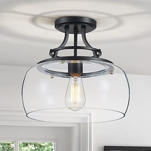 WUZUPS araña rústica casa de campo industrial redonda semi-empotrado techo led lámpara con pantallas de vidrio transparente para el baño cocina vestíbulo entrada, h 30 x w 34, base e27, negro
