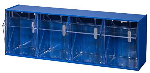 Klappschüttenmagazin VarioPlus ProFlip 4 | HxBxT 20,5x60x17cm | Blau-Transparent | Sortierkasten, Klappschüttenmagazin, Kleinteilemagazin, Sortierbox, Werkzeugkasten