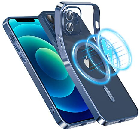 Garegce Coque Magnétique pour iPhone 12 Compatible avec MagSafe Recharge sans Fil, Coque Protection Caméra Étui Silicone TPU Souple Housse Dos Transparente Antichoc, Bleu