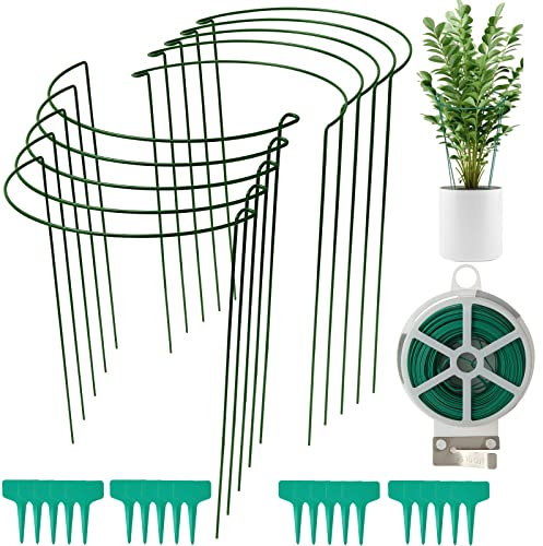 GOYADA 10 Pcs Plant Supports for Garden, 21x35cm Green Metal Plant Support Stakes, Half Round Plant Support Ring Cage, Garden Border Plant Supports for Tomato, Vegetable, Peonies, Roses, Hydrangeas
