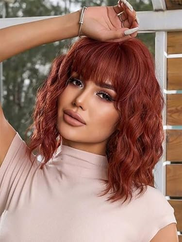 PORSMEER Perücke Damen Bob Schulter Länge Lockig Welle Wig mit Pony Natürliches Synthetische Haar Blonde Wig, Anime Cosplay Halloween Wigs 14 Zoll (Auburn)
