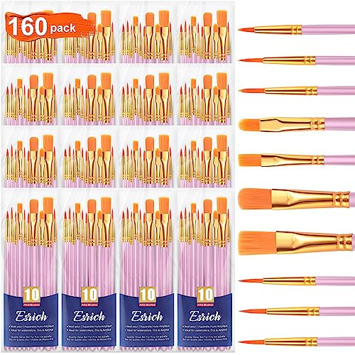 ESRICH Acrylic Paint Brushes Set, 16 Packs/160 Pcs, Pink, Suitable for Acrylic, Oil, Watercolor,Rock Body Face Nail Art,Perfect Suit of Art Painting, Best Gift for Kids Adult Drawing