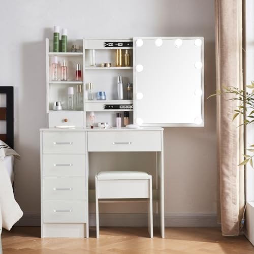 Dressing Table with LED Lights, White Vanity Makeup Table Set with Lighted Mirror, Modern Cosmetic Bedroom Dresser Make up Desk with Storage Drawers and Shelves (t07)