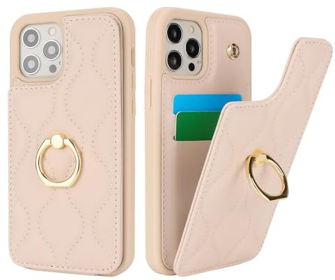 SailorTech iPhone 12/12 Pro Hülle mit Kartenhalter für Frauen, iPhone 12/12 Pro Handyhülle Ring-Ständer [Kartenfach] [Standfunktion] Niedliche und modische Tasche für iPhone 12/12 Pro-Beige