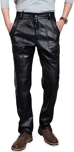 Pantalon en Cuir Homme Automne Hiver Épaississement Moto Pantalon Ample Coupe-Vent en Cuir Véritable Pantalon Grande Taille