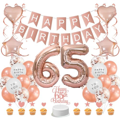 Guoguonb Rose Gold 65th Birthday Decoration Set: Banner, Balloons, Cake Topper & More for Girls' Birthday Party