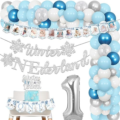 Winter Onederland 1. Geburtstag Dekorationen, Arctic Polar Tier Banner Cake Topper Foto Banner, Blau Weiß Ballon Girlande Arch Kit Ein Hochstuhl Banner Nummer 1 Folienballon für Jungen Mädchen