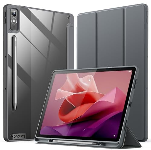 JETech Hülle für Lenovo Tab P12 12,7 Zoll (Modell 2023, TB370FU / TB371FU) mit Stylus Halter, Klar Transparente Harte PC-Rückseite, Tri-Fold Ständer Dünn Tablet Schutzhülle (Dunkelgrau)