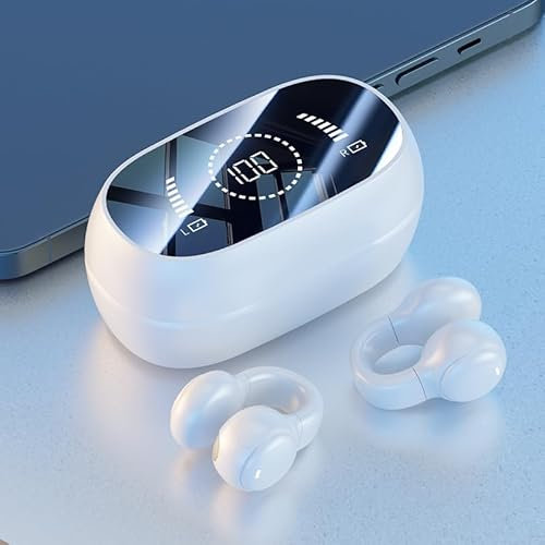 URIZONS Bluetooth Auriculares Inalámbricos Auricular con Clip para la Oreja - Wireless Auriculari TWS Deportivos para Deportes al Aire Libre con Pantalla de batería Digital de Espejo - Blanco