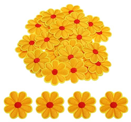 sourcing map Flower Iron-on Patches Embroidered Sew Flower Patch Appliques Repair Patches for Clothing Repair Backpack Shoes Decoration 90x90mm/3.54x3.54 Pack of 30(Light Yellow)