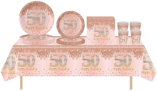 69pcs Rose Gold 50th Birthday Decorations,Happy 50th Birthday Tablecloth,Paper Plates,Napkins Serviettes and Cups Sets for 50th Birthday Table Decorations for Women,Men,Him,Her 50th Birthday Gifts