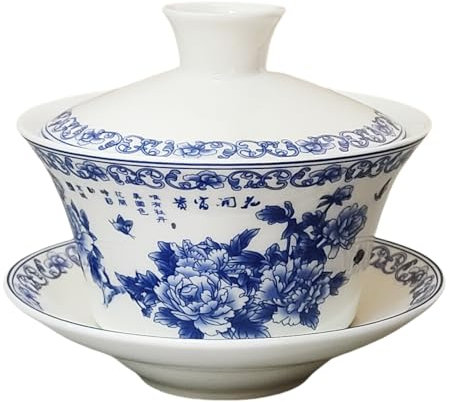 NIUKOMY Gaiwan 200 ml, Taza de Té Tradicional China con Tapa y Platillo, Taza de Té Vintage de Porcelana Kung Fu Clásica Cerámica Tazón de Té Peonía