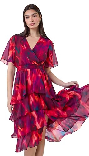 Roman Frill Dress for Women UK Ladies Summer Wrap Chiffon Frill Hem Layered Belted Midi Maxi Tiered Cape Special Occasion Fit & Flare Wedding Guest Swing Skater