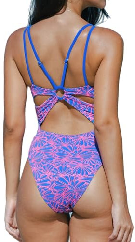 CUPSHE Costume da bagno intero da donna, scollo a V, controllo della pancia, doppie cinghie regolabili sul retro, con anello O-ring, Viola / Rosa Floreale, L