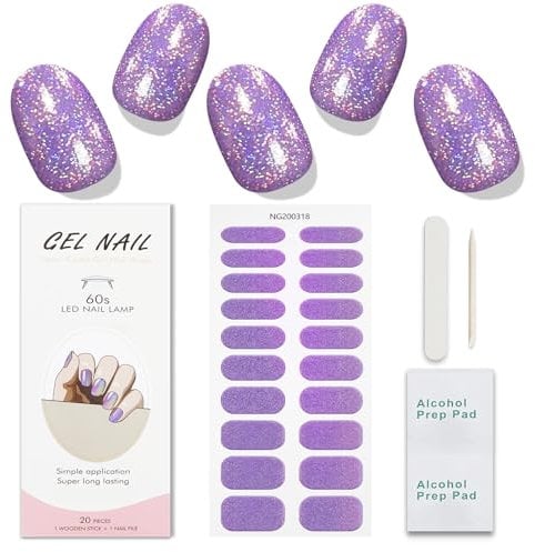 JMEOWIO Gel Nail Stickers Purple Glitter Semi Cured Gel Nail Strips Wraps UV/LED Nails Art Design Decoration Accessories