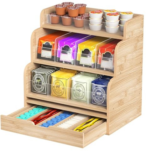 bimiti Tea Bag Organizer Stackable, 5 Layer Bamboo Tea Bags Holder Wall Mounted Tea Bags Storage with Drawers for Kitchen Office Countertop