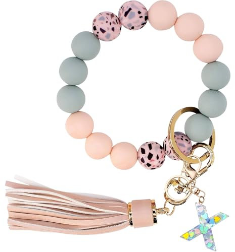 Guidre Schlüsselanhänger mit Buchstabe,Schlüsselanhänger Auto Frauen Schlüsselanhänger Armband Autoschlüsselanhänger mit Buchstabe Perlen Quaste Weihnachtstag Geschenke für Frauen (X)