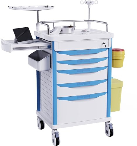 OLERN Medizinischer Rollwagen mit Rädern – verstellbare IV-Stange, leise Rollen, Nadelentsorgungshalter, Mülleimer, O2-Halter, Notfallwagen für Klinik, Krankenhaus, Salon, Labor