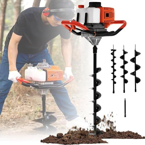Gas Powered Earth Auger Post Hole Digger - 2.4hp 52cc 2 Stroke, 3 Auger Drill Bits (4 6 8) /Toolkit for Assembly, for Planting, Earth Burrowing/Drilling & Fences