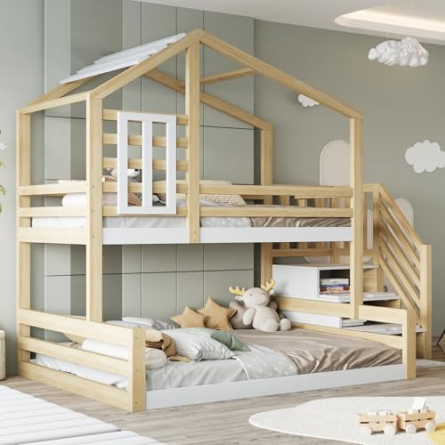 MOBETTRES Etagenbett, 90 * 200cm, Kiefernholz, Bett mit Fenster, Hausleiste, Geländer, Stufentreppe zur Aufbewahrung (Natur)