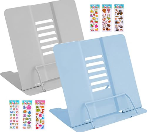 2 Stück Leseständer, Lostwry Leseständer Metall Buchständer Kinder Schule Bücherständer 6 Stufen Verstellbar Kochbuchständer Tablette Buchständer für Küche Büro Schule Zuhause (Grau+Blau)