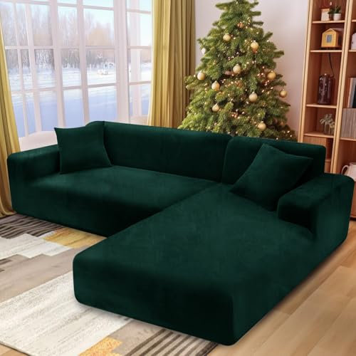 NAKIHOUSE Dicke Samt Sofa Überwürfe Sofabezug mit einem Kissenbezug, Superweicher Elastische Sofa Abdeckung in Dunkel Grün Farbe für 1/2/3/4 Sitzer（L-förmiges Ecksofa erfordert Zwei）