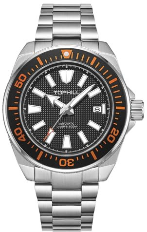 TOPHILL Herren-Taucheruhr, 43,5 mm, japanisches Uhrwerk, NH35, Saphirglas, Leuchtkalender, automatisch, mechanisch, wasserdicht, 300 m, TD008G, Orange, Stahl (Orange Steel), Armband