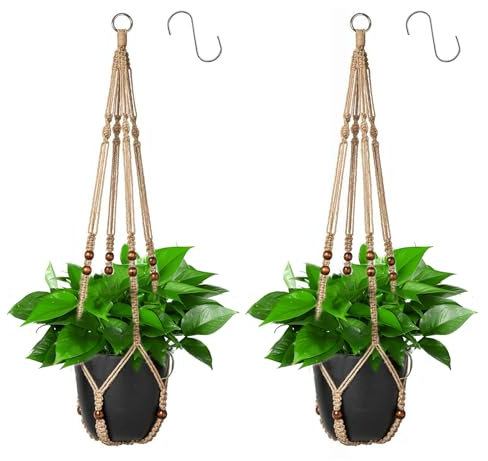 Apstaqeoo Macrame Plant Hangers Jute Rope Hanging Basket with Wood Beads Boho Decor Balcony Planter Garden Home Decor Ceiling Wall Plant Holder with 2 S Hooks for Indoor Outdoor No Tassels 90CM(2PCS)