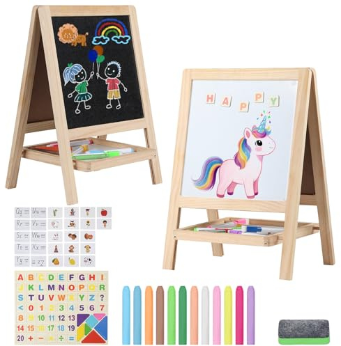 Tabletop Painting Wooden Art Easel for Kids - 4-in-1 Double-Sided Drawing Board for Toddlers 2-4, Chalkboard & Dry Whiteboard with Markers, Eraser, Magnetic Letters/Numbers & Flashcards
