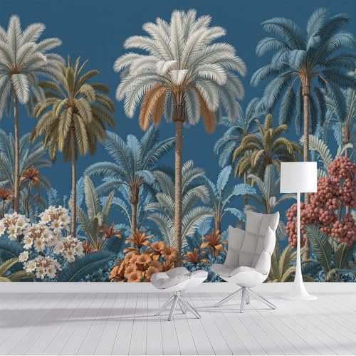 ZISTRCBAO Photo Wallpaper 150x105cm, Palm Tree Floral Panoramic Wallpaper Mural, Tropical Style Photo Wallpapers, Dark Blue Mural Decoration for Living Room Bedroom Corridor