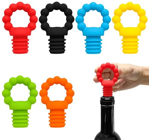 Wine Bottle Stoppers, 6 Pcs Silicone Bottle Stopper, Reusable & Leakproof Wine Corks to Keep Drinks Fresh Stopper for Champagne/Prosecco/Beer (Multicolor Assortment)