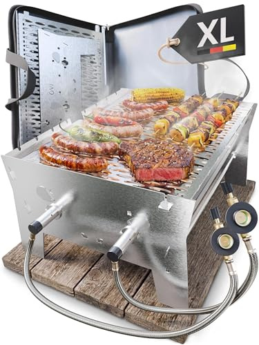 ovicue Grill | Mobiler Steck-Gasgrill groß XL | 2 Brenner | Tragbarer Edelstahlgrill mit Stecksystem – Gas- & Holzkohlebetrieb Inkl. Tragetasche – Perfekt für Camping, Balkon, Garten & Outdoor