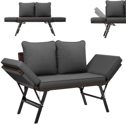UDPATIO Polyrattan Gartenbank Wetterfest mit Liegefunktion Balkonsofa 3 in 1 Verstellfunktion mit Extra Dicke Sitzpolstern & Kissen für Garten, Balkon,Terrasse - Braun+Schwarz & Grau Bezüge