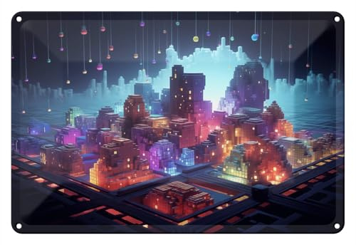 Wallario Blechschild Wandbild aus Metall Leuchtende Pixelstadt - 20 x 30 cm in Premium-Qualität: Brillante Farben