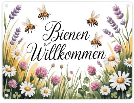 speecheese Metallschild in 15x20 cm Wildblumenwiese Bienen willkommen | Lustiges Schild für Naturliebhaber und Imker