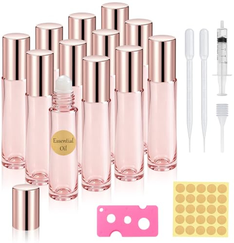 Prebarfun 12Pcs 10ml Roller Ball Bottles for Essential Oils Glass Pink | Essential Oil Roller Bottles, Refillable Rollerball Bottle with Syringe, Roll on Bottle for Perfume, Fragrance & Aromatherapy