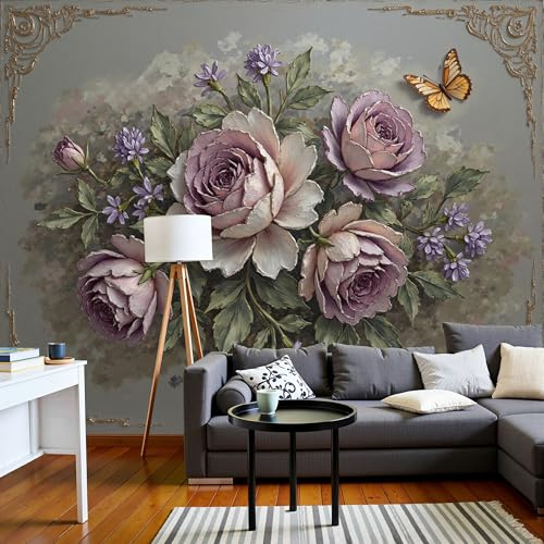 Fotomurales Naturaleza Muerta Decorativa - 200Anx140Al cm Papel Pintado Seda Decoración de Pared Murales Rosa púrpura Clásica Con Rosas Diseno Fotográfico Decorativos Dormitorio Para la Sala