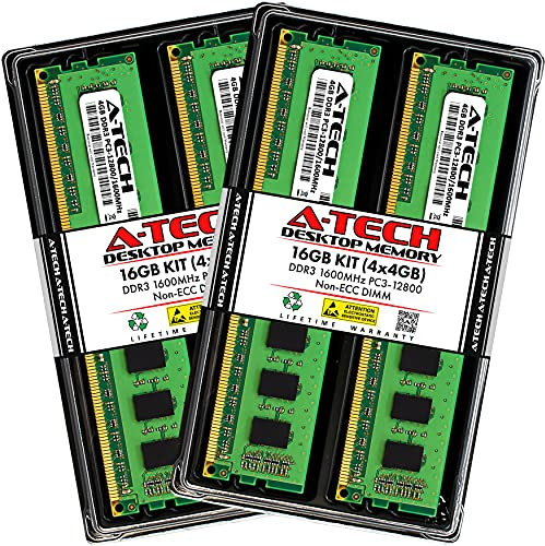 A-Tech 16GB (4x4GB) DDR3 1600MHz PC3-12800 CL11 DIMM 240-Pin Non-ECC UDIMM Desktop RAM Memory Modules