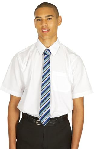 B Mens Boys School Uniform Long/Short Sleeves Plain Blue White Shirts (Collar Size 17.5, White Boys Short Sleeve)